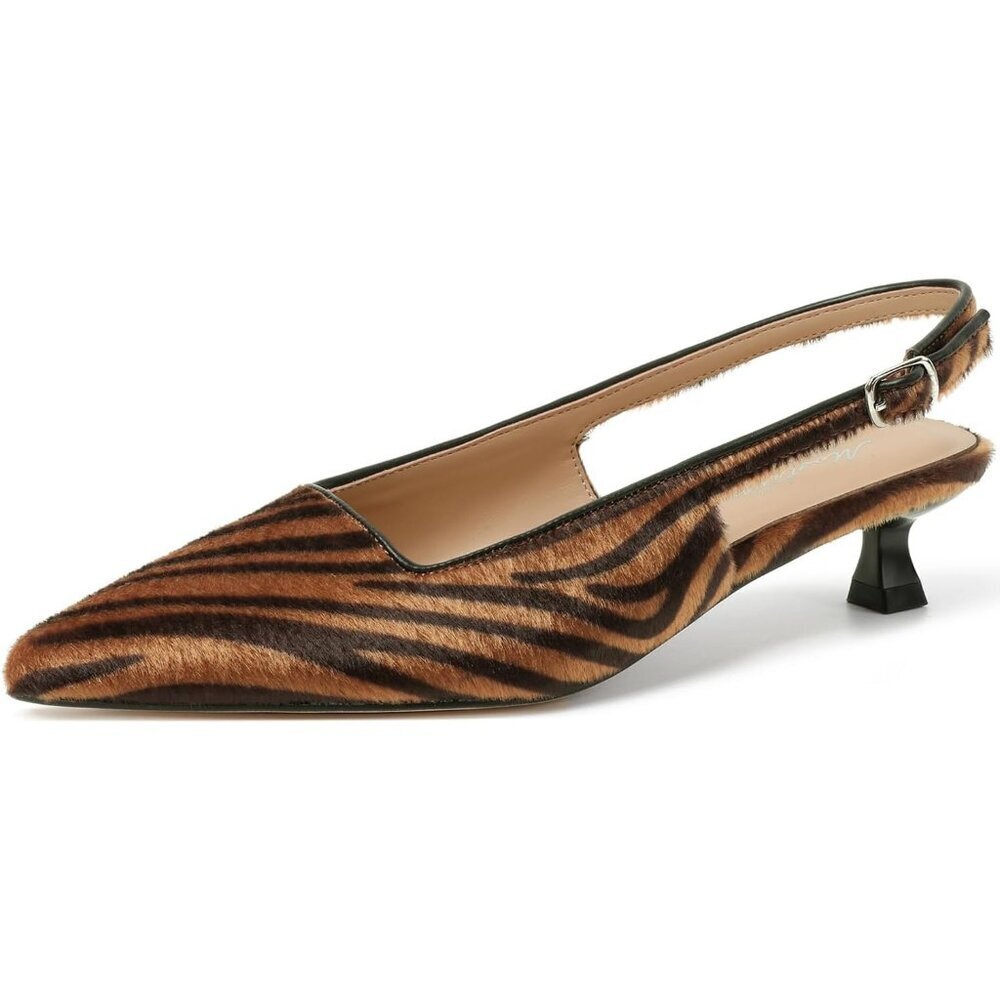 Women's Brown Zebra Pointed Closed Toe Slingback Kitten Heels Pumps Party Shoes